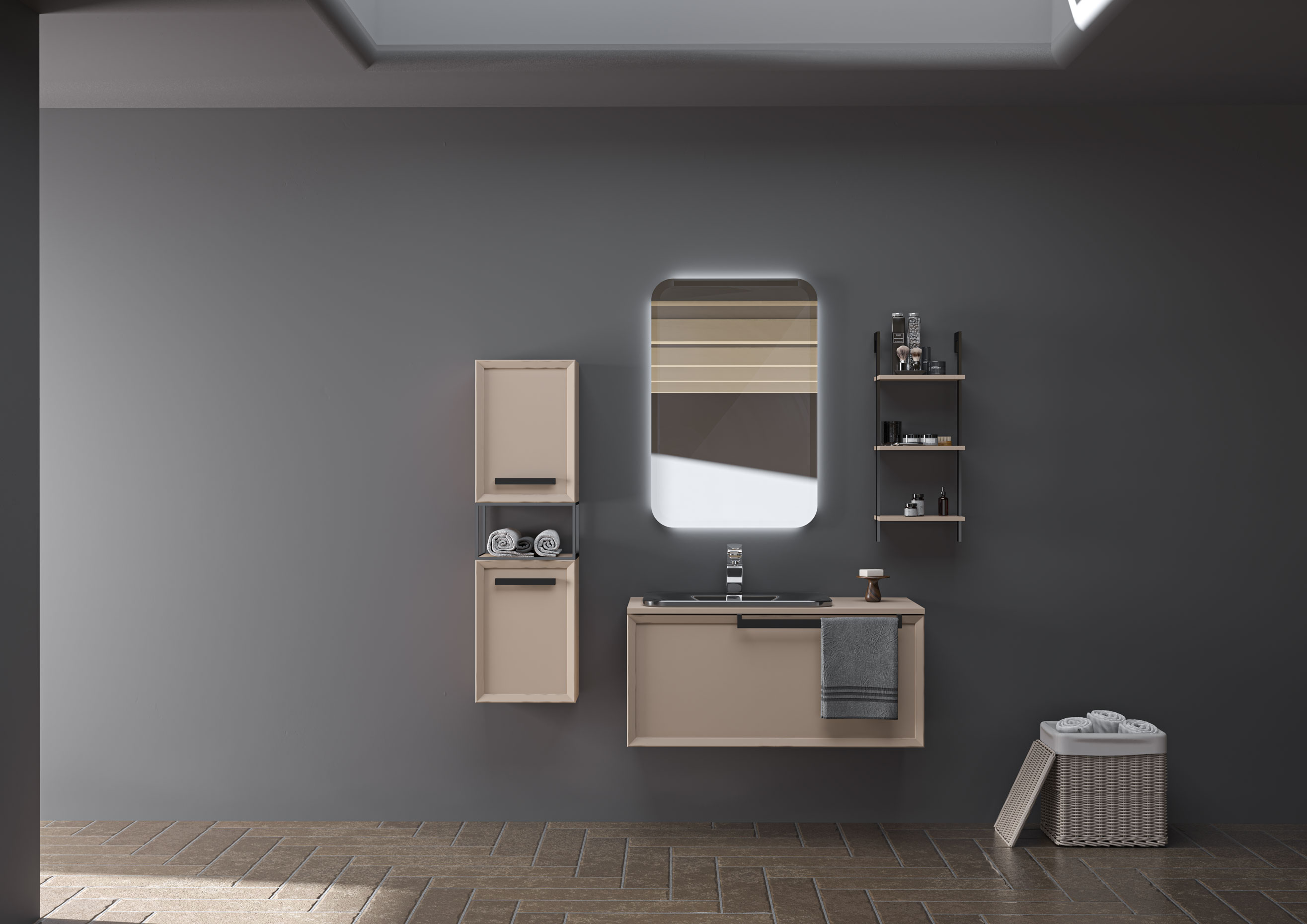 Badmöbel Set Ares 100 mit Waschtisch Regal Seitenschrank mit LED Spiegel-BEN10409 Badmöbel Set Ares 100 mit Waschtisch Regal Seitenschrank mit LED Spiegel-BEN10409