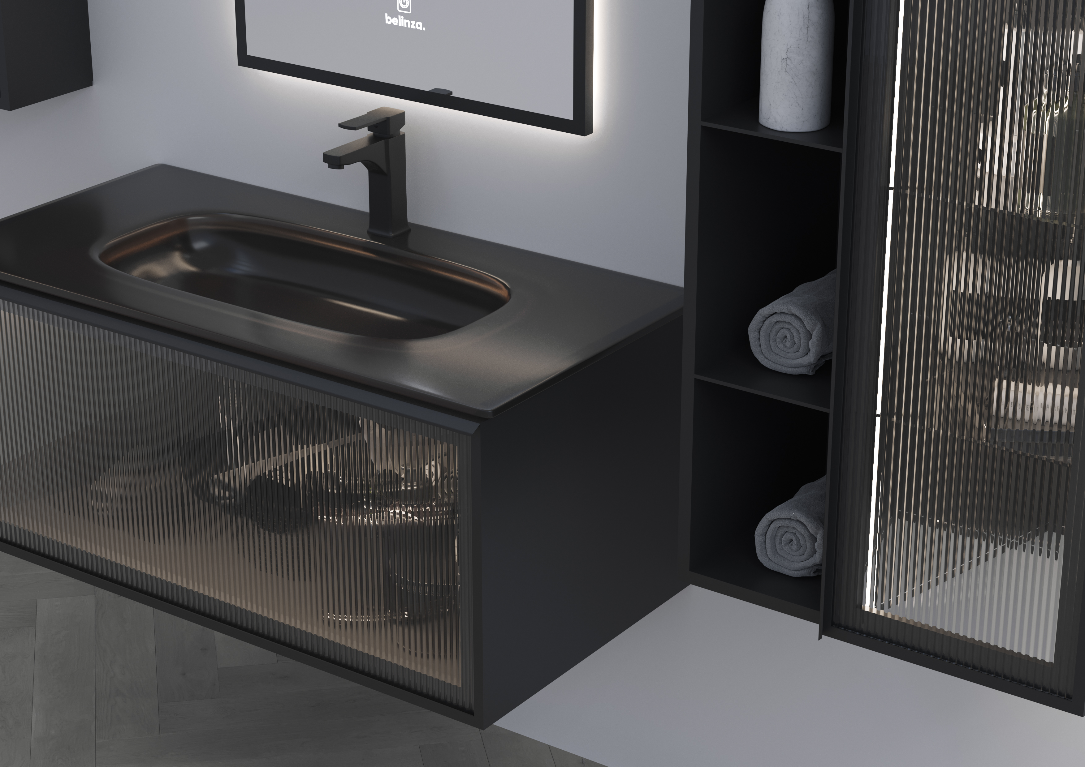 Badmöbel Set Zeus mit Waschtisch Regal Kombination Seitenschrank mit LED Spiegel Schwarz