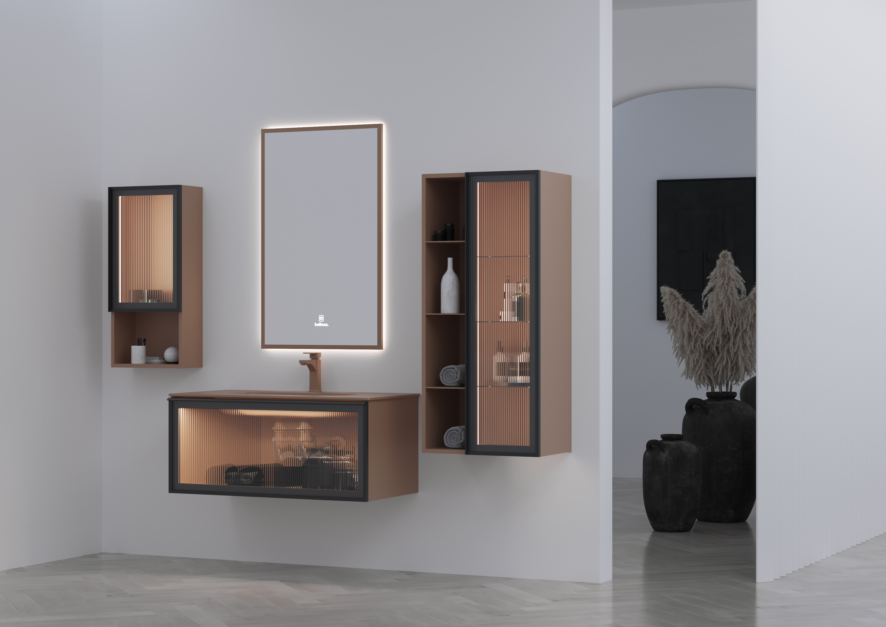 Badmöbel Set Zeus 85 mit Waschtisch Regal Kombination Seitenschrank mit LED Spiegel-BEN10407 Badmöbel Set Zeus 85 mit Waschtisch Regal Kombination Seitenschrank mit LED Spiegel-BEN10407