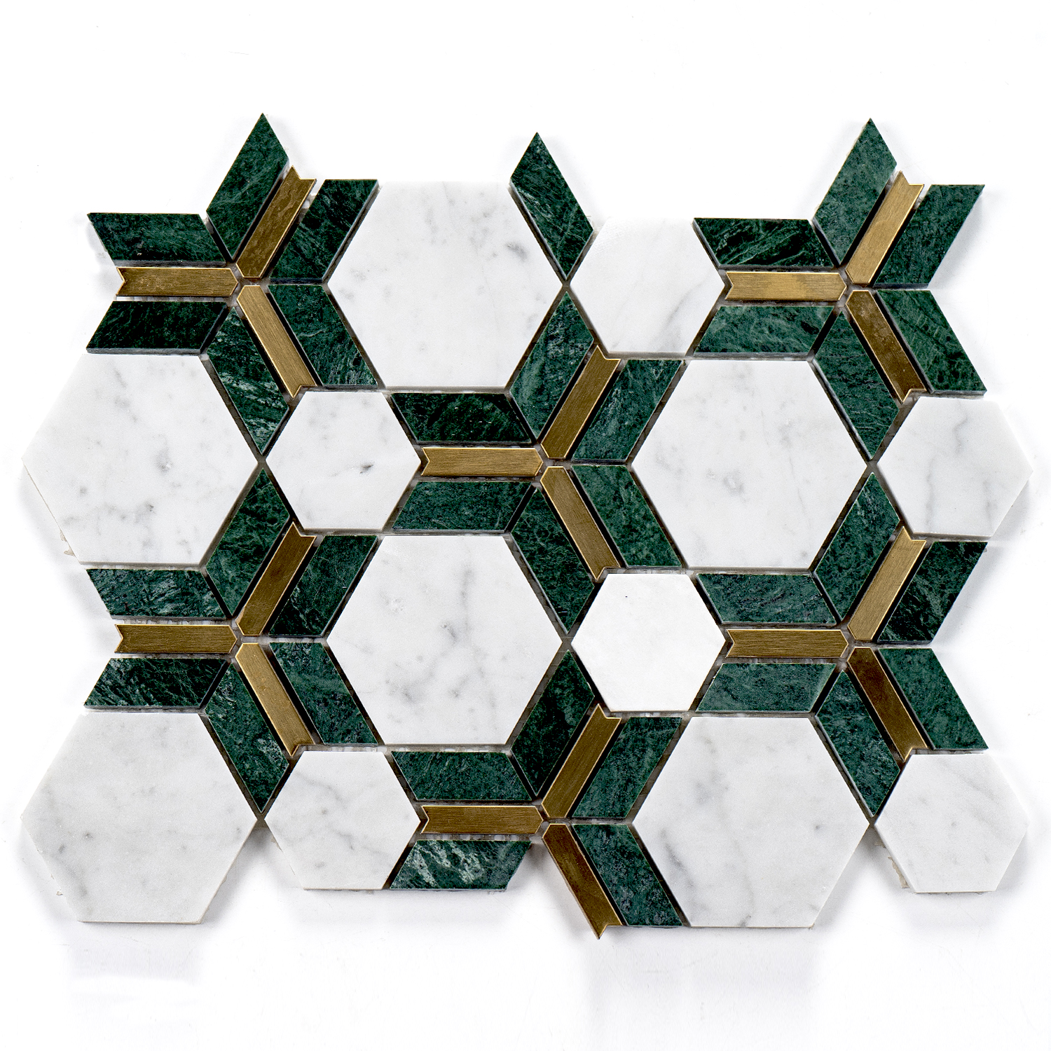 Marmormosaik Toulon mit Aluminium Hexagon‑Design Grün  250×330×8 mm