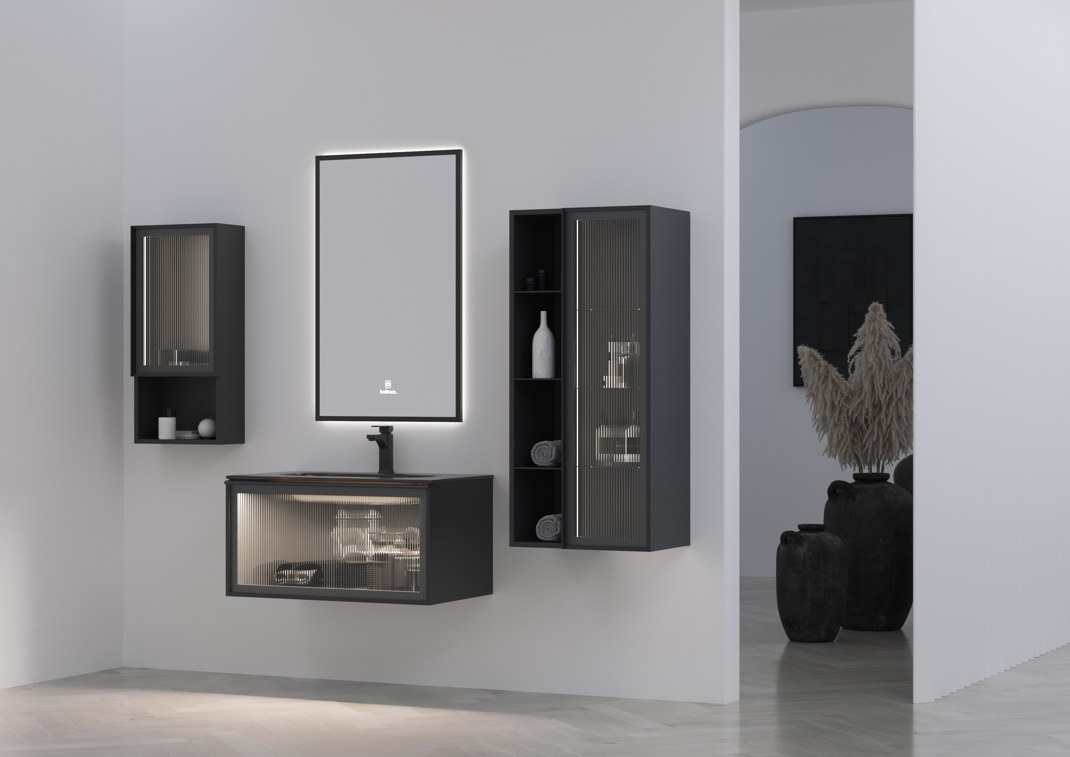 Badmöbel Set Zeus 85 mit Waschtisch Regal Kombination Seitenschrank mit LED Spiegel-BEN10407 Badmöbel Set Zeus 85 mit Waschtisch Regal Kombination Seitenschrank mit LED Spiegel-BEN10407