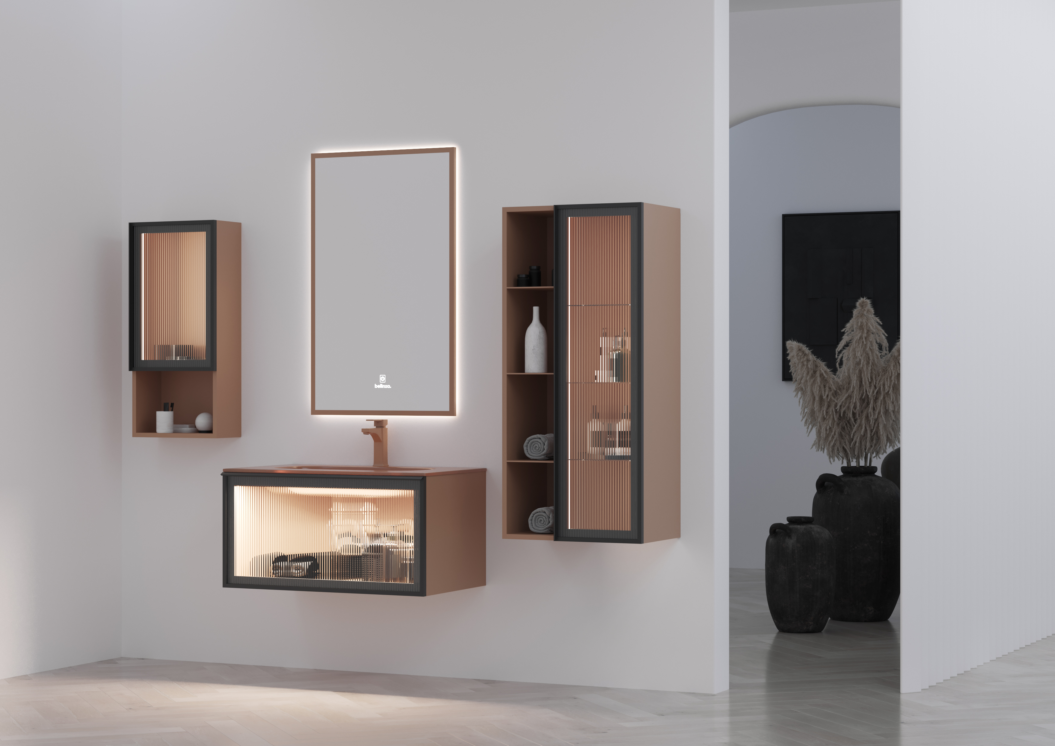 Badmöbel Set Zeus 85 mit Waschtisch Regal Kombination Seitenschrank mit LED Spiegel-BEN10407 Badmöbel Set Zeus 85 mit Waschtisch Regal Kombination Seitenschrank mit LED Spiegel-BEN10407