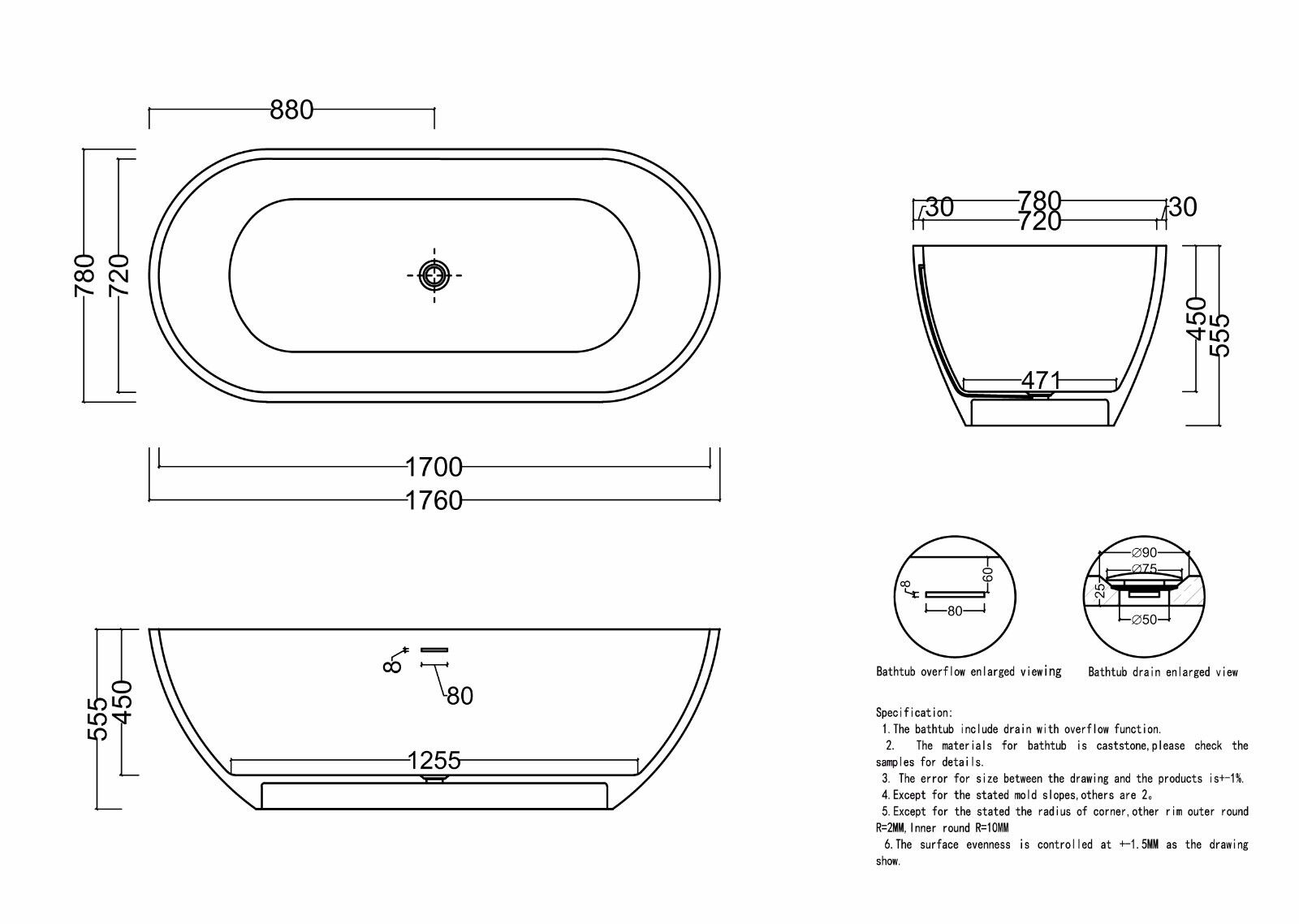 Freistehende Badewanne aus Mineralguß Minu One Stone weiß matt 170x78cm -BEN10243 Freistehende Badewanne aus Mineralguß Minu One Stone weiß matt 170x78cm -BEN10243