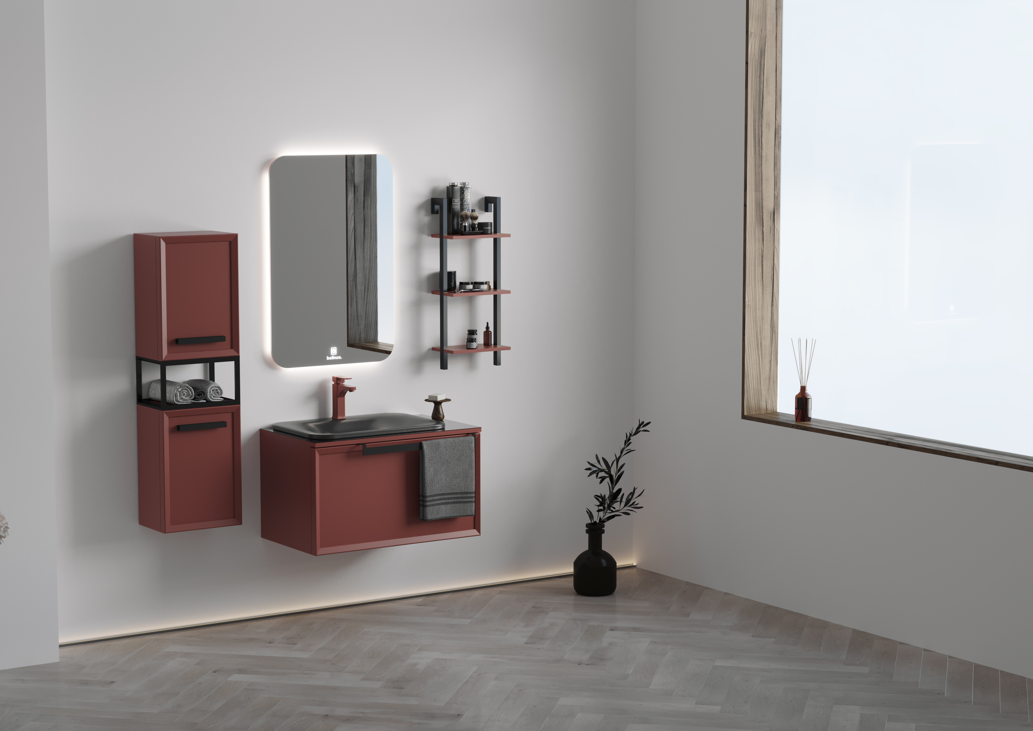 Badmöbel Set Ares 100 mit Waschtisch Regal Seitenschrank mit LED Spiegel-BEN10409 Badmöbel Set Ares 100 mit Waschtisch Regal Seitenschrank mit LED Spiegel-BEN10409