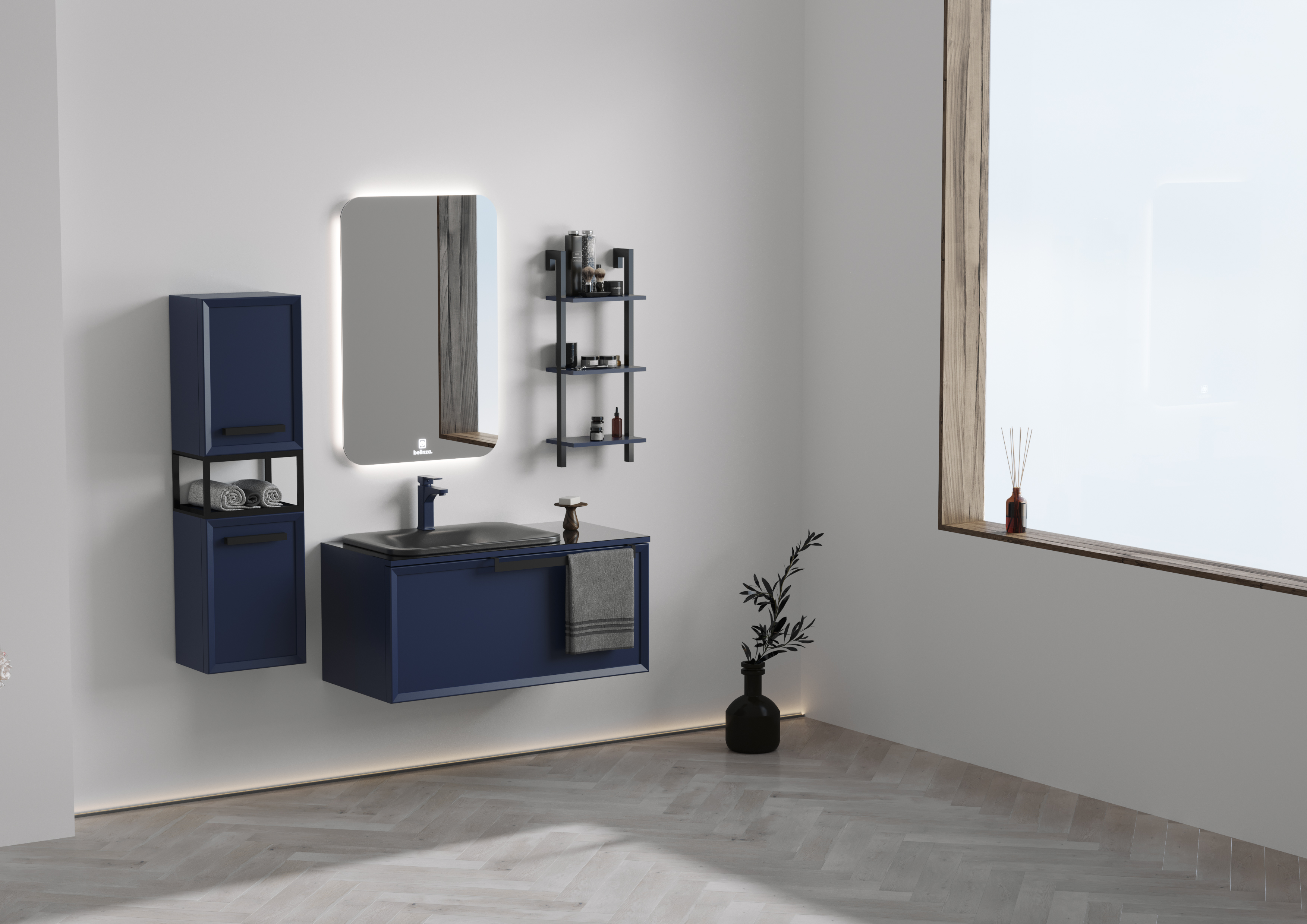 Badmöbel Set Ares 100 mit Waschtisch Regal Seitenschrank mit LED Spiegel-BEN10409