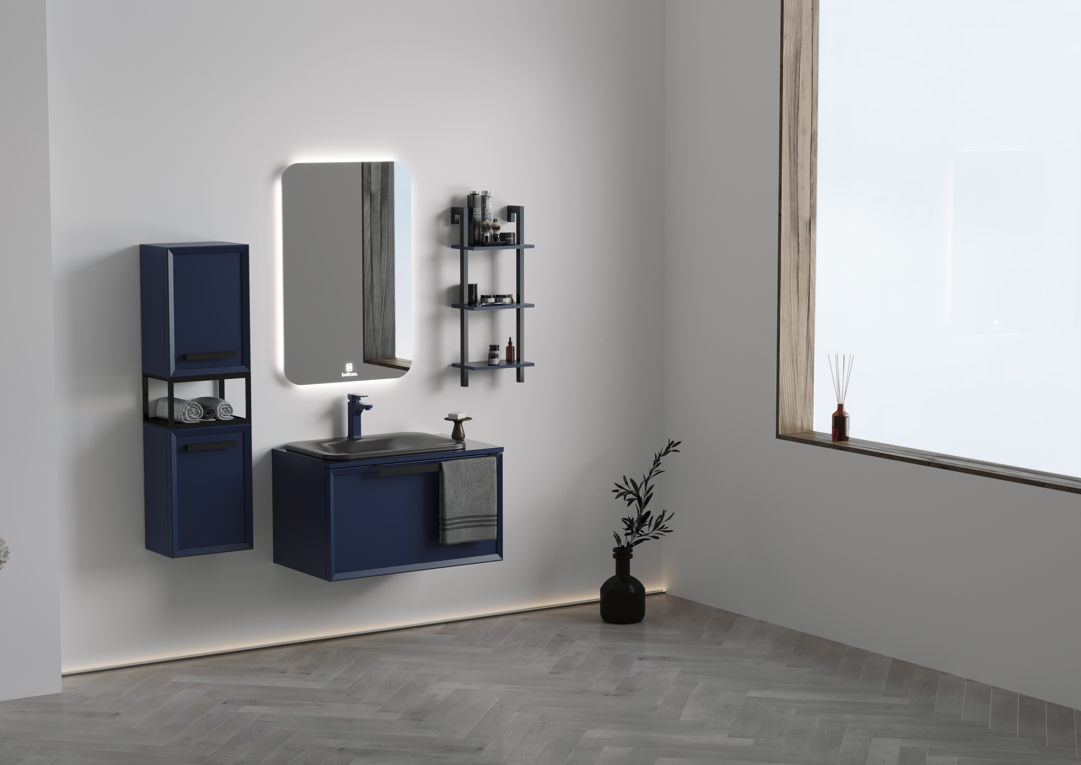 Badmöbel Set Ares 100 mit Waschtisch Regal Seitenschrank mit LED Spiegel-BEN10409 Badmöbel Set Ares 100 mit Waschtisch Regal Seitenschrank mit LED Spiegel-BEN10409